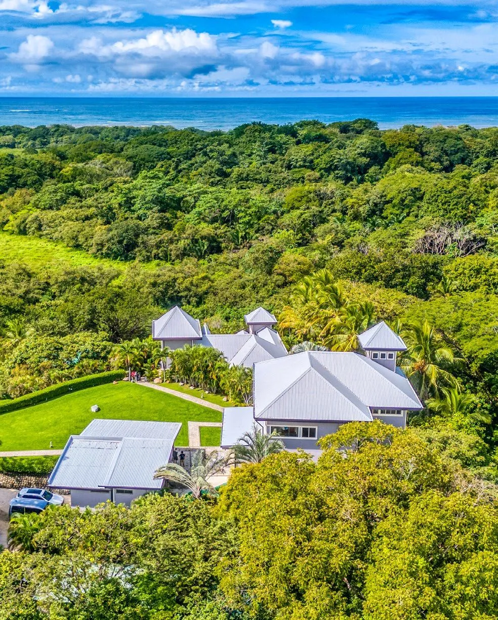 Aerial view of the Castillo Colonial estate and coastline