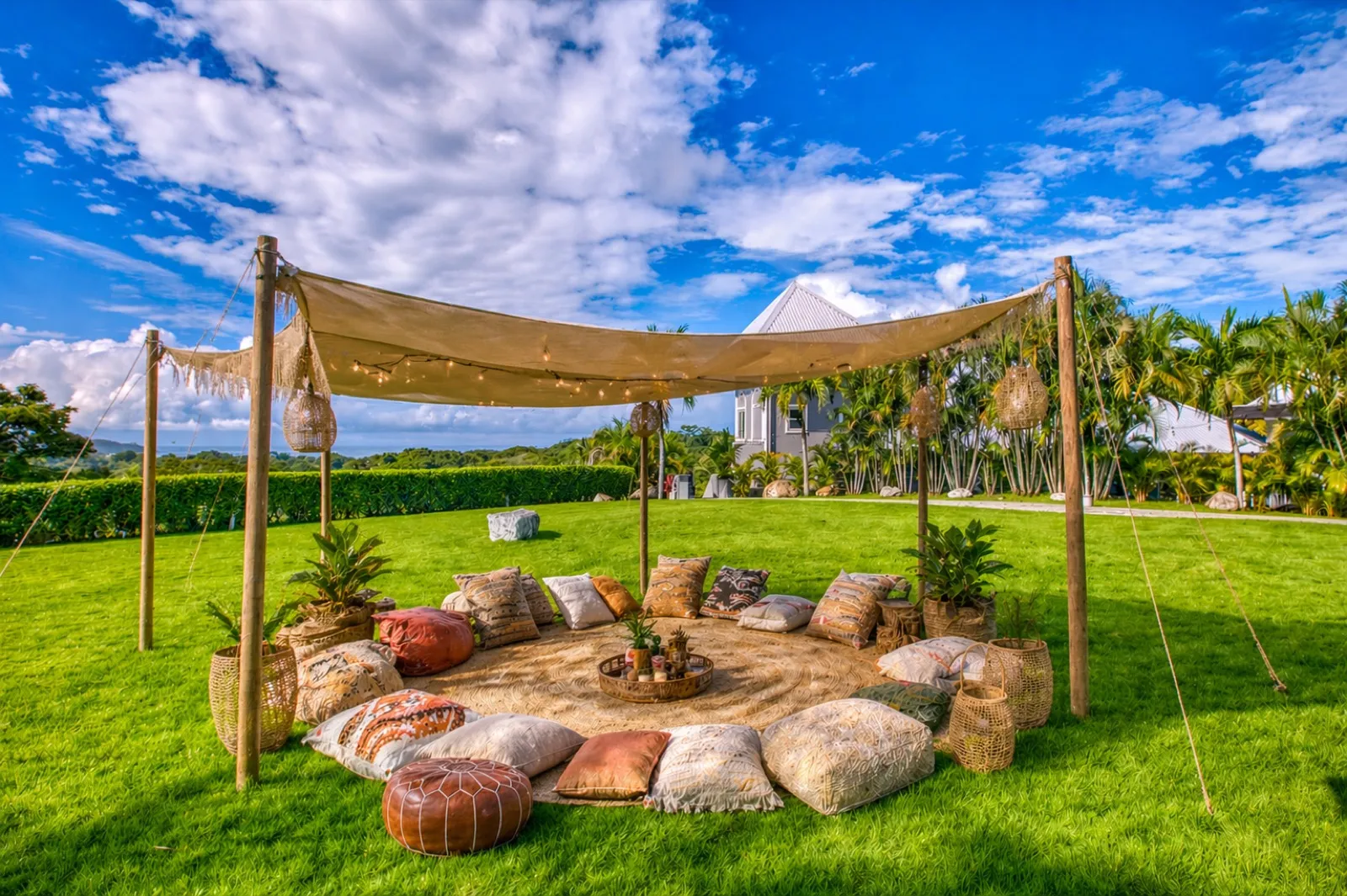 Boho lounge with cushions on the lawn