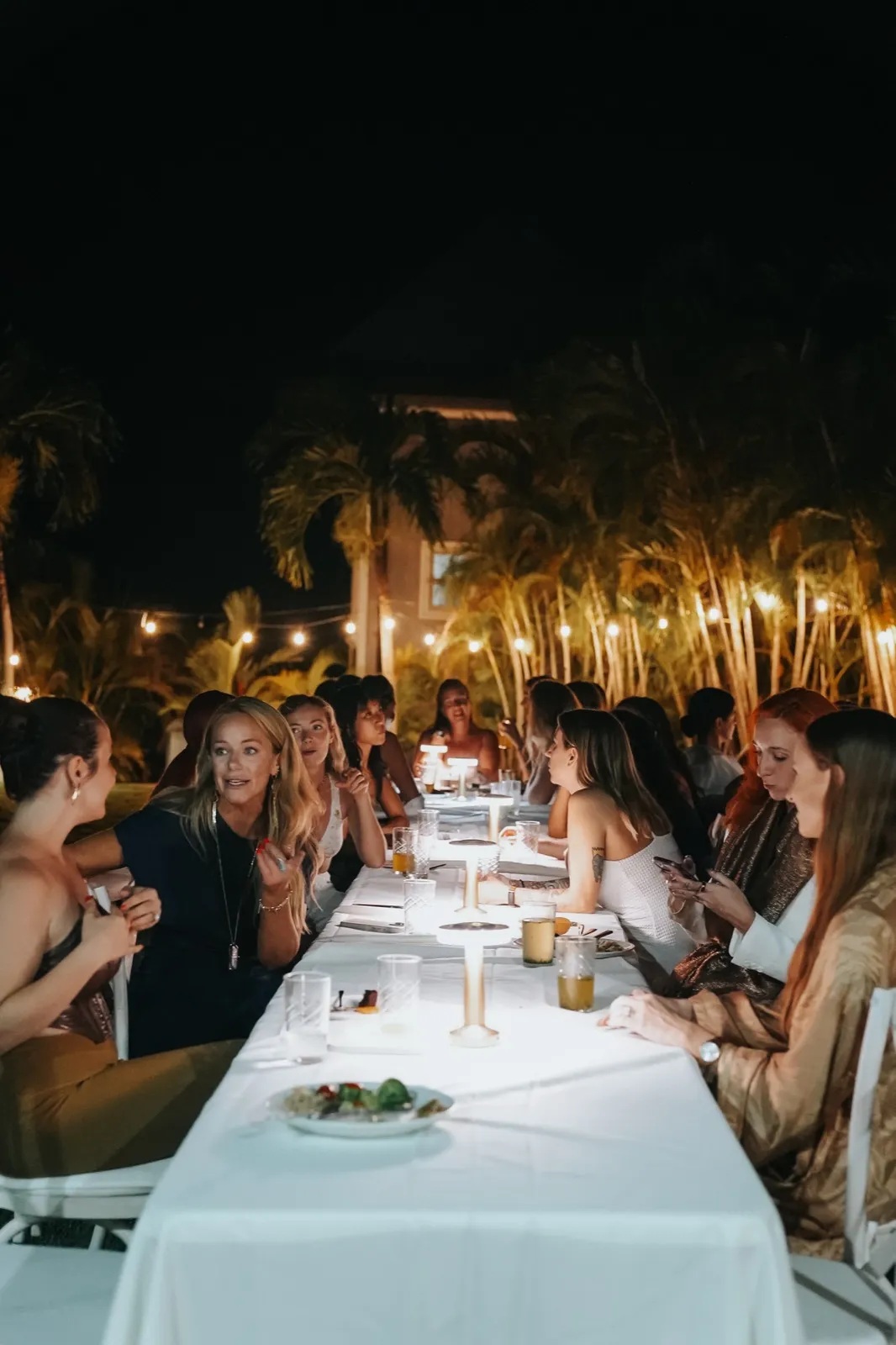 Candlelit long table dinner on the lawn