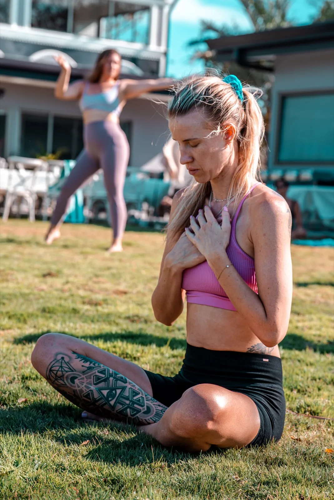 Morning yoga session on the lawn