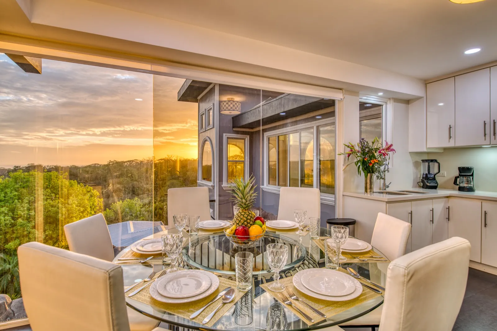Dining table at sunset in the main house kitchen