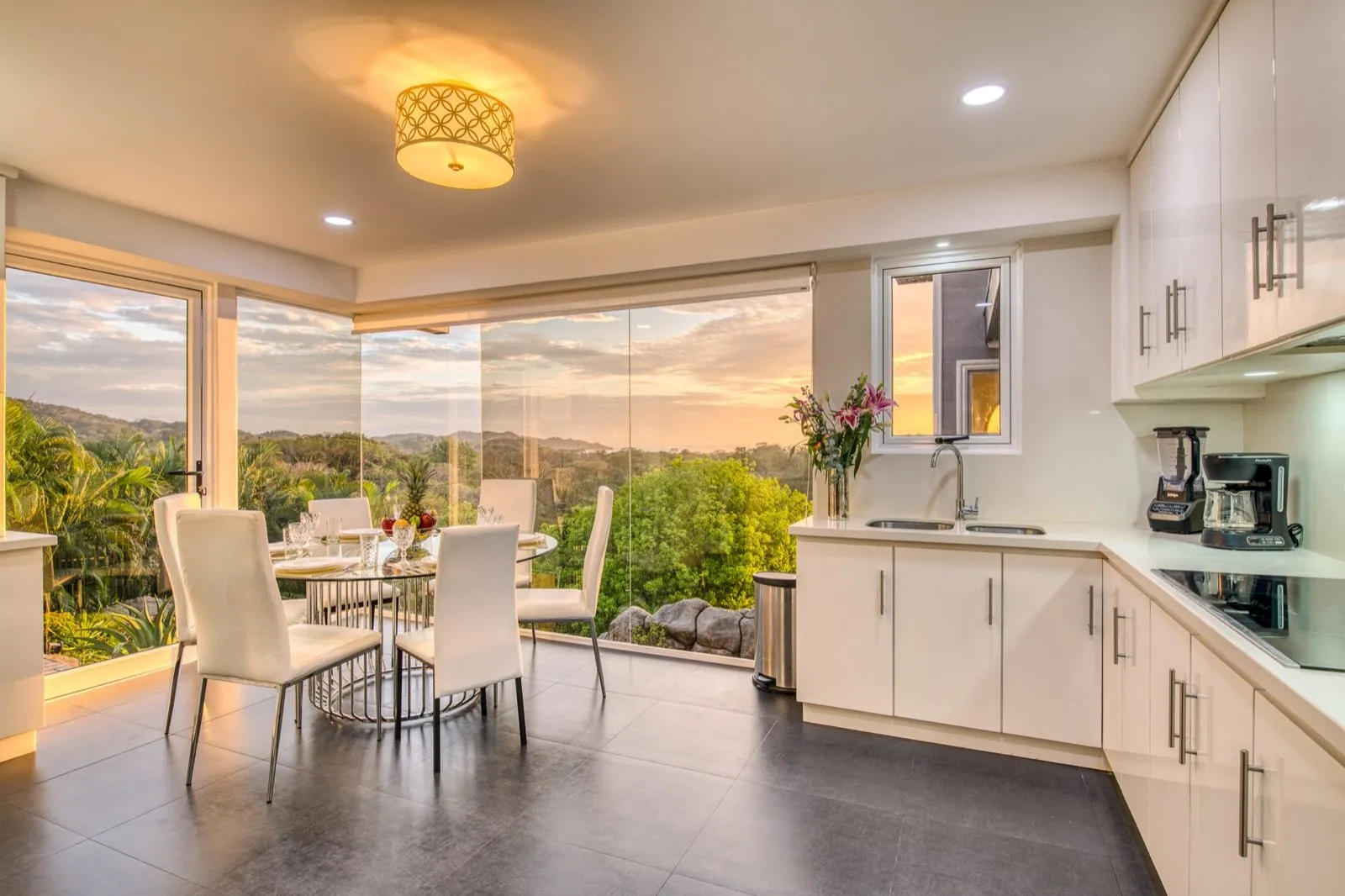 Kitchen and dining table at sunset