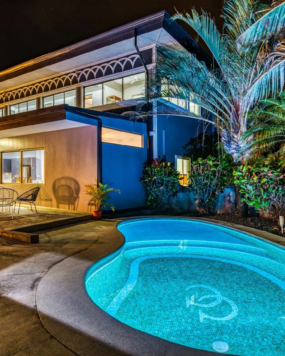 Garden villa exterior at night