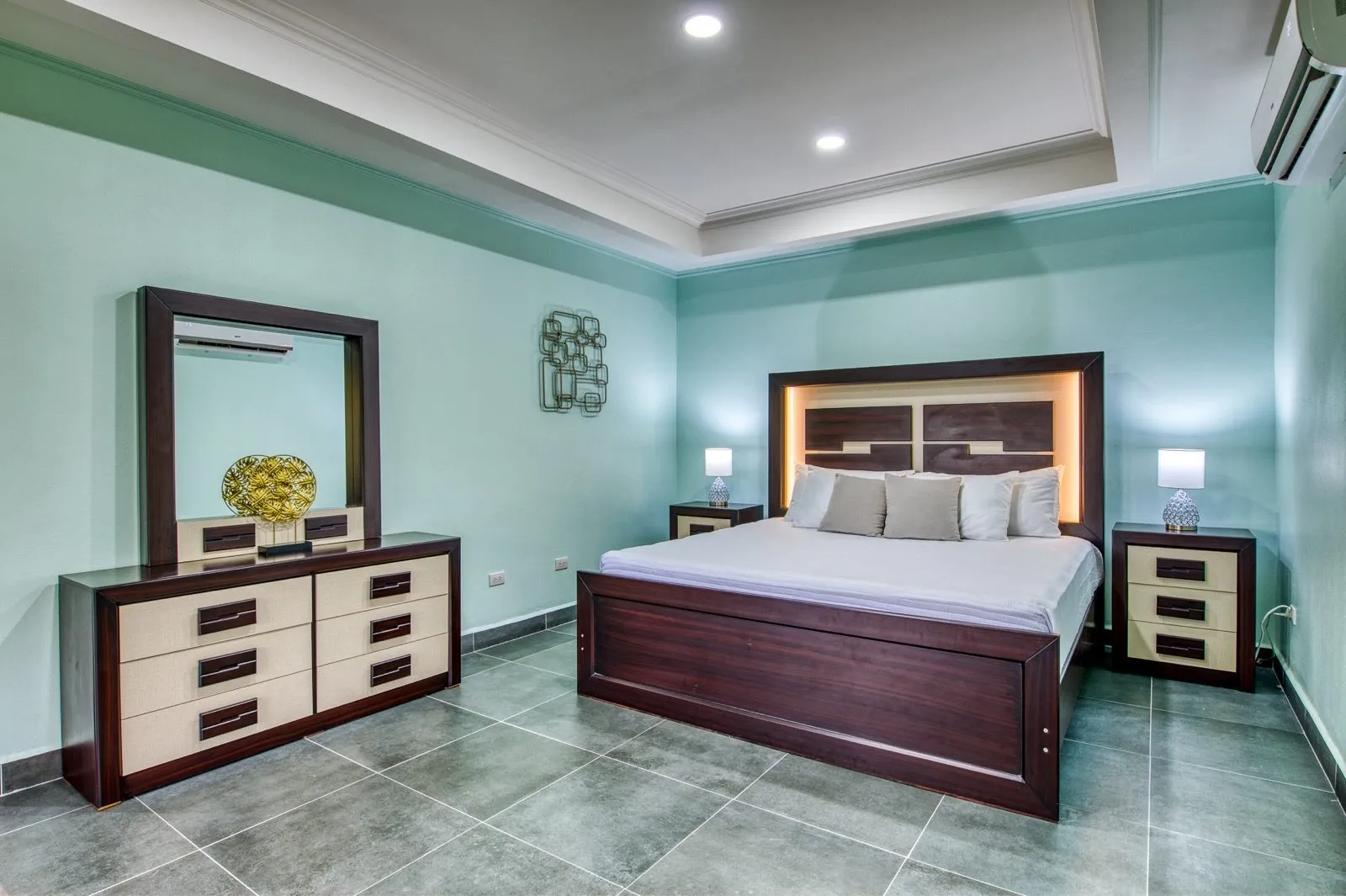 Rooftop villa teal bedroom