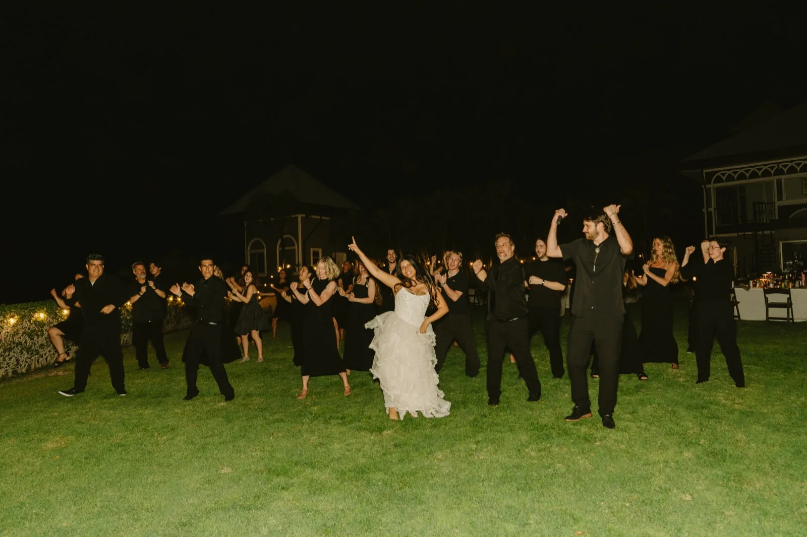 Wedding party celebrating on the lawn at night